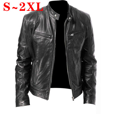 

Men Long Sleeve Stand Collar Leather Jacket Motorcycle Zipper Pocket Rider Coat