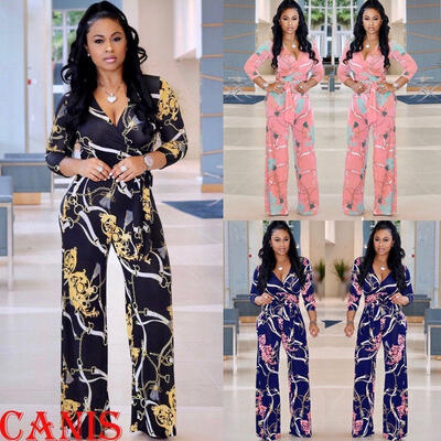

Plus Size Women Floral V-Neck Long Sleeve Bodycon Playsuits Casual Long Jumpsuit