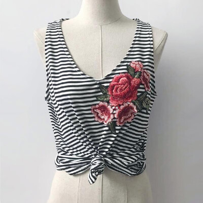 

Sexy Women Tank Top Stripe Print Floral Embroidery Deep V Neck Sleeveless Casual Vest Black