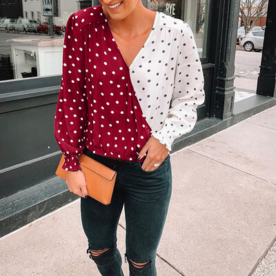 

Women Polka Dot Contrast Color Blouse Long Sleeve Top Casual Work V-neck T-Shirt
