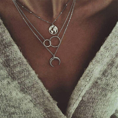 

Bohemian Multilayer Star Moon Pendant Necklace For Woman Fashion Geometric Charm Chain Choker Necklace 2019 Jewelry Wholesale