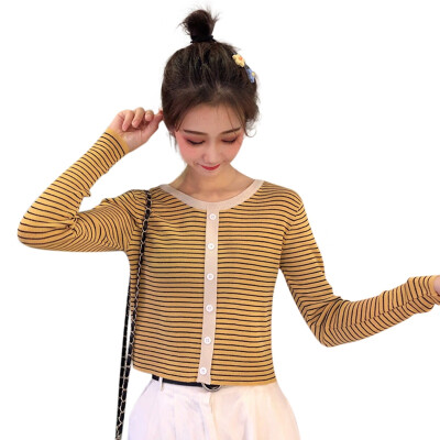 

New Korean Contrast Color Striped Sweater Women O-neck Long Sleeve Knitted Pullover Jumper Slim Fashion Buttons Short Sweaters