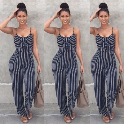 

Womens Strap Bowknot Stripe Clubwear Playsuit Bodysuit Party Jumpsuit Romper Chiffon Long Trousers