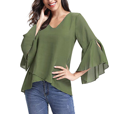 

Starmoon Women Summer V-Neck Bell Sleeve Solid Chiffon Tunic Tops Blouse Shirt