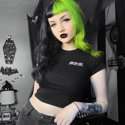 

Starmoon Women Gothic Punk Black Letter Embroidery Short Sleeve T-shirt Blouse Crop Top