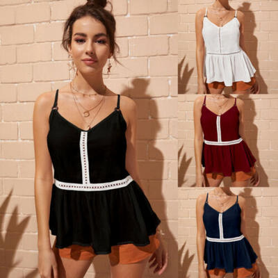 

UK Women Summer Strappy Ruffled Strap Vest Tank Tops Swing Cami Blouses T-shirt