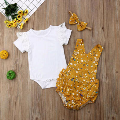 

3Pcs Newborn Baby Girls Tops T-shirt Suspender Romper Headband Outfits Clothes