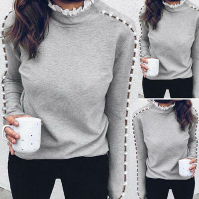 

US Women Sexy Lace Hollow Turtleneck Pearl Top Ladies Autumn Winter Tee Blouse