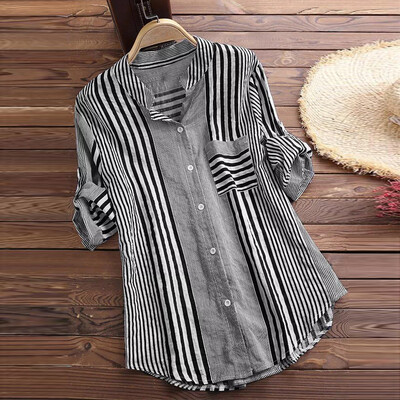 

Starmoon Women Plus Size Three Quarter Striped Print V-Neck Loose Fit Top T-Shirt Blouse