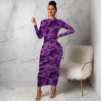 

Women Pencil Dress Colorful Camouflage Print Round Neck Long Sleeve Bandage Elegant Maxi Gown One-Piece
