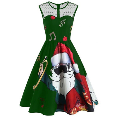 

Tailored Women Cold Shoulder Lace O-Neck Christmas Santa Claus Print Vintage Dress