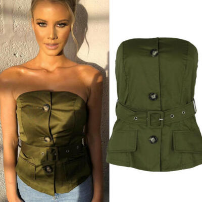 

USA Womens Sexy Summer Button Solid Strapless Off Shoulder T-Shirt Tops Blouse Y