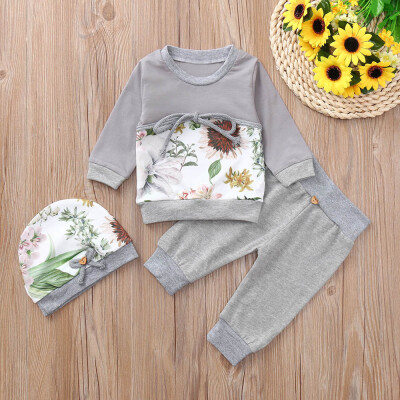 

Newborn Infant Baby Boys Girls Floral Print Tops T-shirt Pants Hat Outfits Set