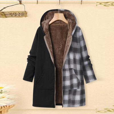 

Toponeto Plus Size Women Winter Warm Printed Pockets Thicker Zipper Hooded Coat Outwear