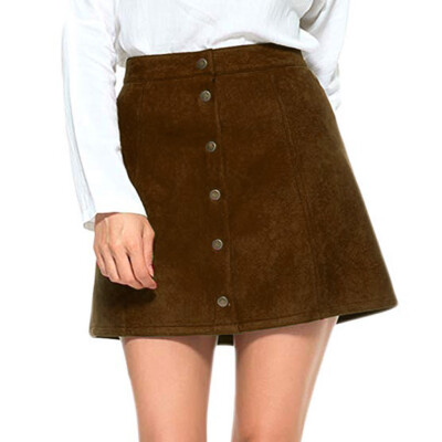 

Roseonmyhand Women Solid Vintage Suedette Button High Waist Plain A-Line Short Mini Skirt