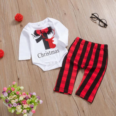 

US Newborn Baby Boys Girls Christmas Jumpsuit Tops Plaid Pants Cotton Clothes