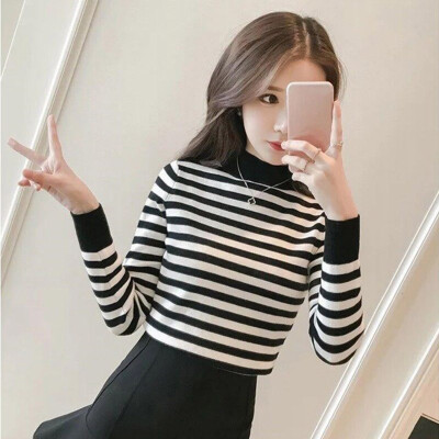 

Modern Lady Black Red Half High Neck Striped Rib Knit T-shirt Autumn Women Long Sleeve Slim Fit Tshirt Top camiseta mujer