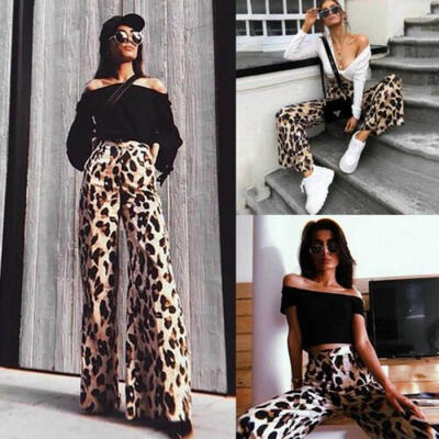 

Women Office Leopard grain Pants Loose High Waist Wide Leg Long Palazzo Trousers