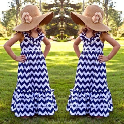 

Cool Fashion Backless Kids Girls Wave Stripe Maxi Long Sundress Boho Dress Skirt