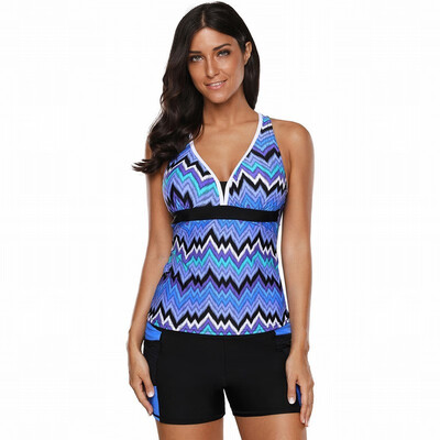 

Color block stitching vest with chest pad high waist split Tankinis swimsuit