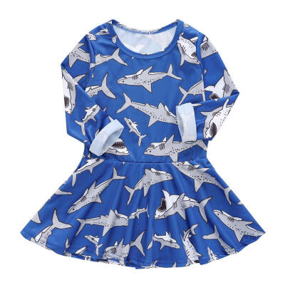 

Baby Kids Girls Long Sleeve Dress Cartoon Shark Print Infant Casual Dresses