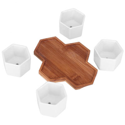 

Greensen 4Pcs Ceramic Plant Pot with Bamboo Tray Succulent Plant Planter Container Garden Desktop Decor