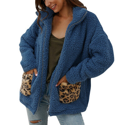 

Toponeto Women Leopard Print Fleece Long Sleeves Cardigan Zipper Keep Warm Coat