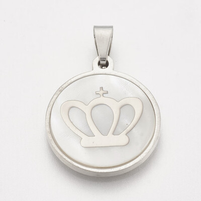 

202 Stainless Steel Pendants with Shell Flat Round with Crown Stainless Steel Color 23x20x34mm Hole 3x6mm