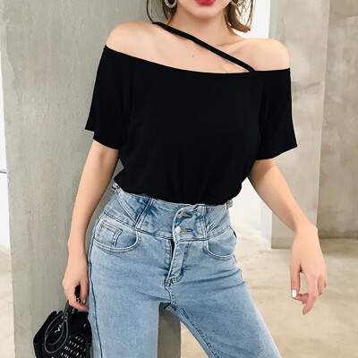 

Loose Casual Short T-Shirts Women One Shoulder Off Sexy Cotton T-Shirt Short Sleeve Summer Solid Tops Clothings