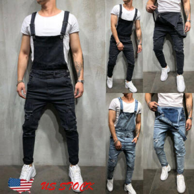 

Mens Distressed Denim Carpenter Overalls Bib Jumpsuits Moto Biker Jean Pants