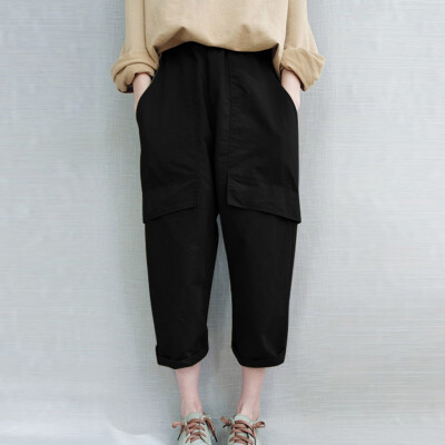 

Tailored Women Casual Cotton&Linen Solid Trousers Loose Ankle-Length Pant