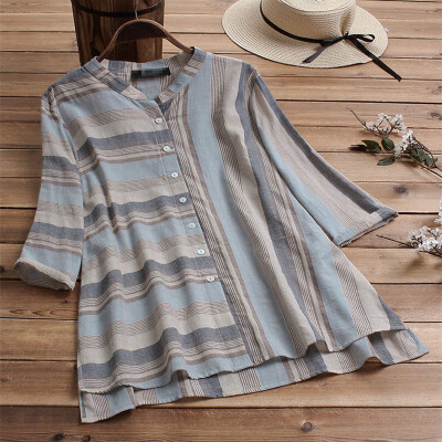 

Womens New Casual Loose Five-point Sleeve Sunscreen Button Irregular Stripes Shirt Tops