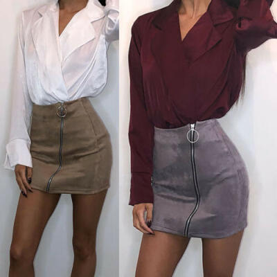 

Women Ladies High Waisted Pencil Skirt Bodycon Suede Leather Mini Skirts Club US