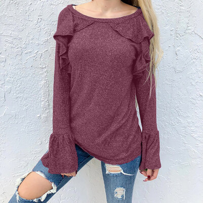 

Tailored Womens Fashionable Round-Necked Plain-Coloured Long-Sleeved Horn Cuff Blouses