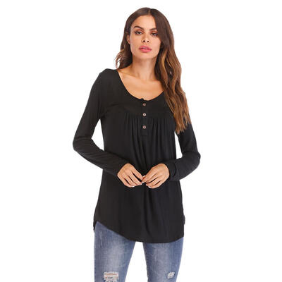 

Women Loose Long Sleeve Casual Solid Color Fashion Blouse Pleated Tops