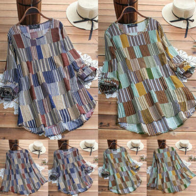 

Womens Mini Dress Rolled Up Long Sleeve Floral Tunic Loose Long Tops Blouse