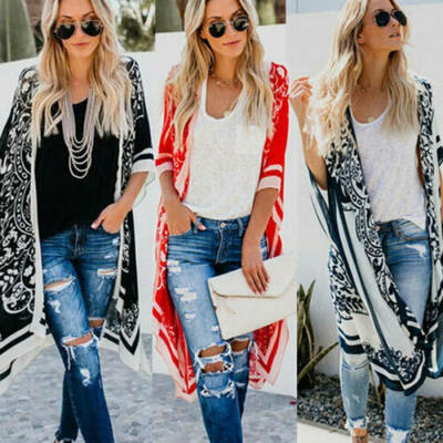 

2019 New Women Chiffon Shawl Print Kimono Cardigan Top Cover Up Blouse Beachwear