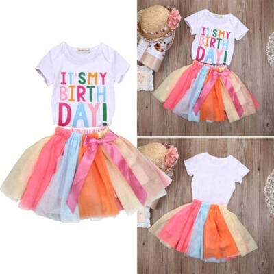 

Toddler Kids Baby Girls Birthday Print T-shirt Tops Tutu Tulle Skirt Outfit Sets