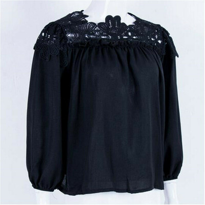 

Women Blouse Shirts Long Sleeve Neck Lace Floral Solid Chiffon Loose Blouse New