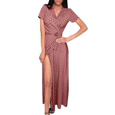 

Women Short Sleeve Beach Wind Middle Waist V Neck Large Swing Dress
