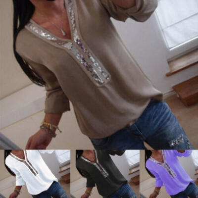 

Women Chiffon Solid Long Sleeve Blouse Summer Casual Loose Tops T Shirt Pullover