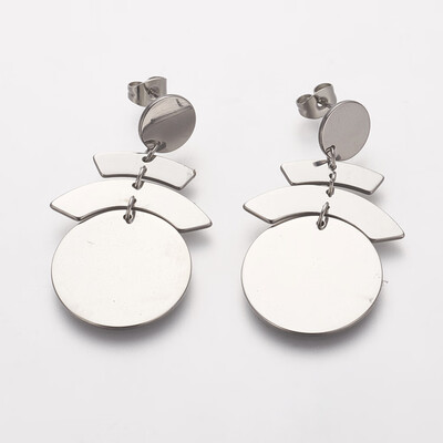 

304 Stainless Steel Dangle Stud Earrings Flat Round Stainless Steel Color 42mm Pin 07mm