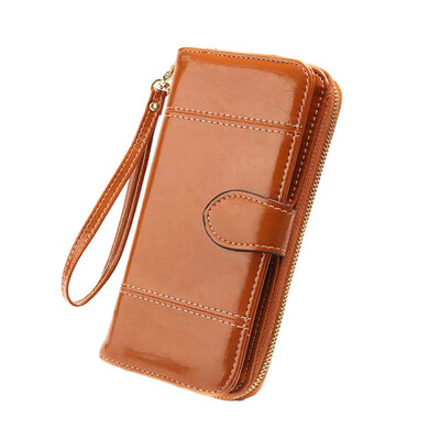 

Retro Women Solid Color Oil Wax Faux Leather Wallet Long Zipper Coin Bag Purse