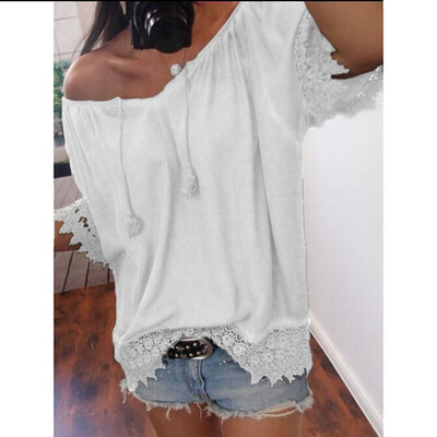 

Nomeni Women Casual V-Neck Solid Lace Patchwork Short Sleeve Blouse Shirt Tops