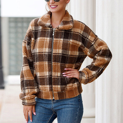 

Womens Plaid Lapel Collar Zipper Jacket Long Sleeves Loose Soft Warm Overcoat