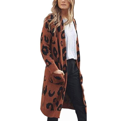

Autumn Winter Women Loose Casual Leopard Knit Cardigan Sweater Long Coat Outwear