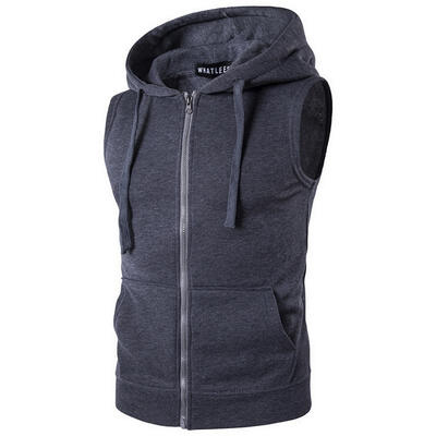 

Spring Mens Hooded Sweater Vest Solid Color Zipper Pocket Winter Jacket Waistcoat Hoodies For Men