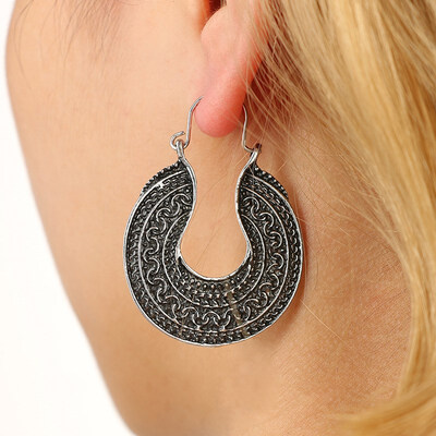 

EK401 Ancient Tibetan Filigree Flower Ornate Earring Boho Vintage Jewelry Carving Hollow Gypsy Tribal Heart Earrings for Women