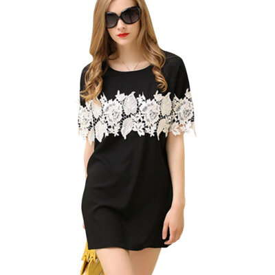 

Women Summer Fashion Sexy All-match Lace Decor Round Collar Color-blocked Short Sleeve Dresses