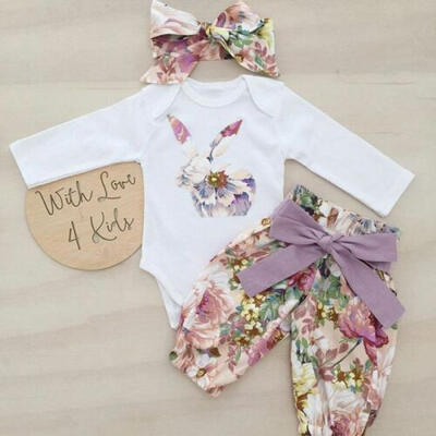

US Easter Toddler Newborn Baby Girls Bunny Romper Bodysuit Floral Pants Outfits